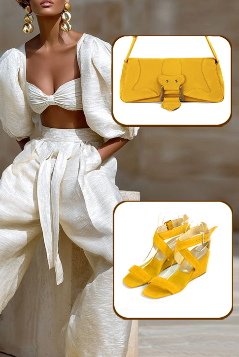 Sandales habillées femme brides croisées cuir jaune à talon compensé de 6 cm et bout carré - Vue du dessus