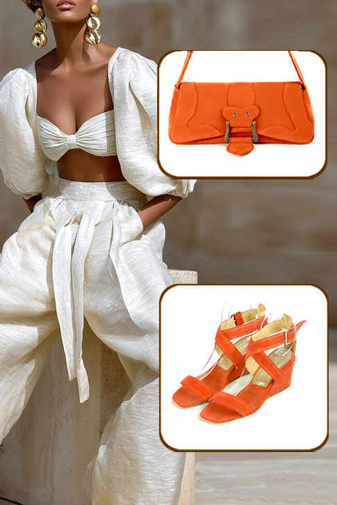 Sandales habillées femme brides croisées cuir orange clémentine à talon compensé de 6 cm et bout carré - Vue du dessus