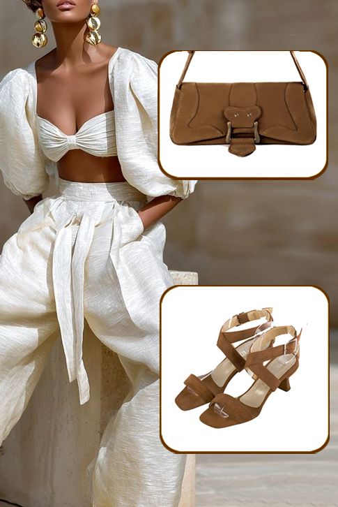 Sandales femme brides croisées complètement ouvertes marron caramel. Bout carré. Talon bobine de 5.5 cm - Vue du dessus
