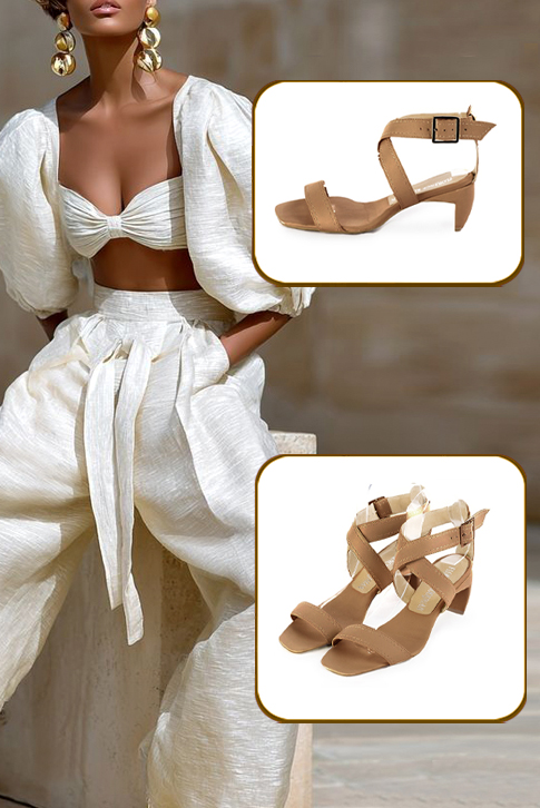 Sandales habillées femme brides croisées cuir beige camel à talon virgule de 5.5 cm et bout carré - Vue du dessus