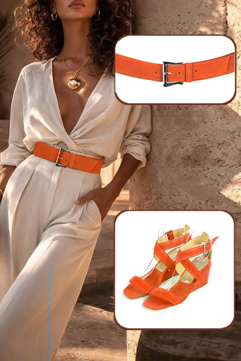Sandales habillées femme brides croisées cuir orange clémentine à talon compensé de 6 cm et bout carré - Vue porté
