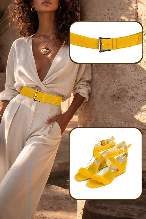 Sandales habillées femme brides croisées cuir jaune à talon compensé de 6 cm et bout carré - Vue porté