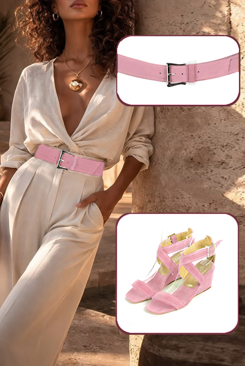 Sandales femme brides croisées complètement ouvertes rose camélia. Bout carré. Talon compensé de 6 cm - Vue porté