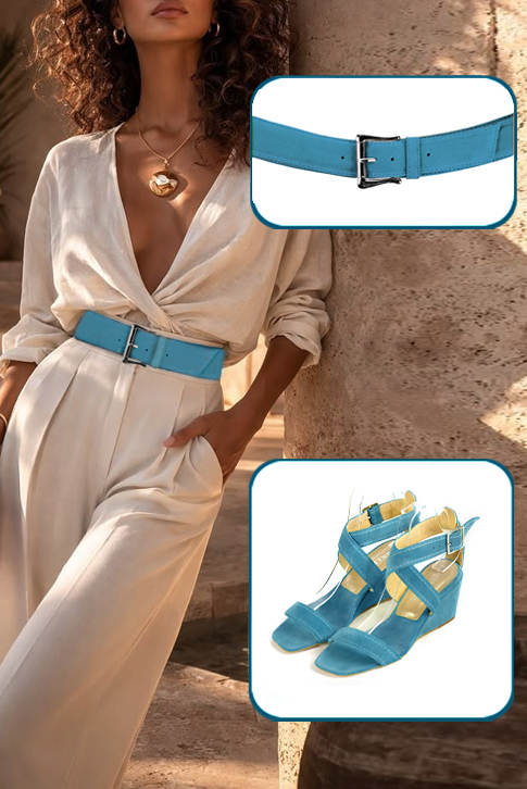 Sandales habillées femme brides croisées cuir bleu canard à talon compensé de 6 cm et bout carré - Vue porté