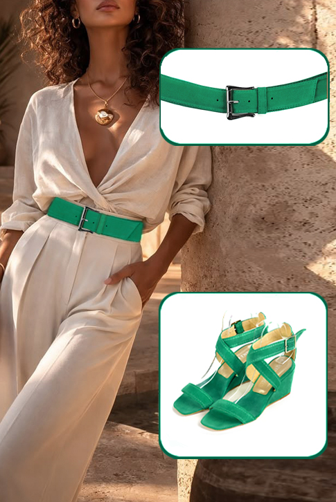 Sandales femme brides croisées complètement ouvertes vert émeraude. Bout carré. Talon compensé de 6 cm - Vue porté