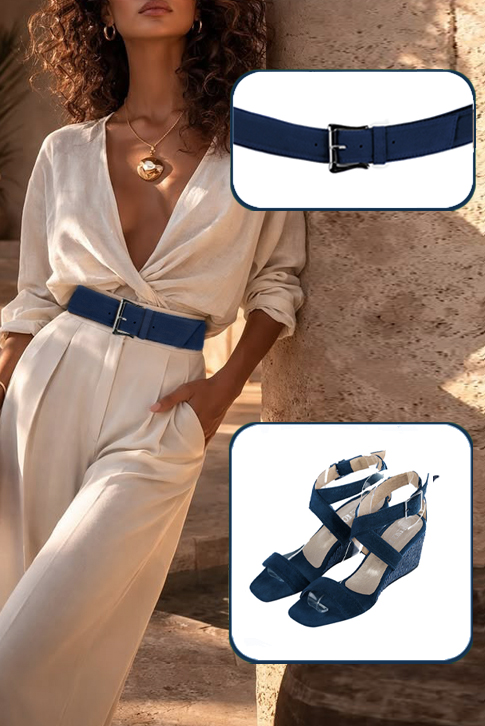 Sandales habillées femme brides croisées cuir bleu marine à talon compensé de 6 cm et bout carré - Vue porté