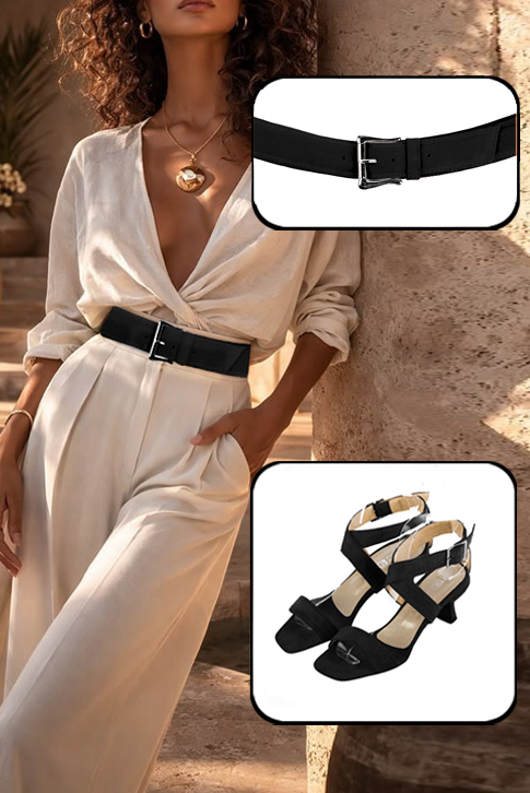 Sandales habillées femme brides croisées cuir noir mat à talon bobine de 5.5 cm et bout carré - Vue porté