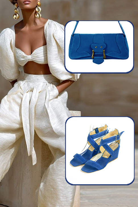 Sandales habillées femme brides croisées cuir bleu électrique à talon compensé de 6 cm et bout carré - Vue du dessus