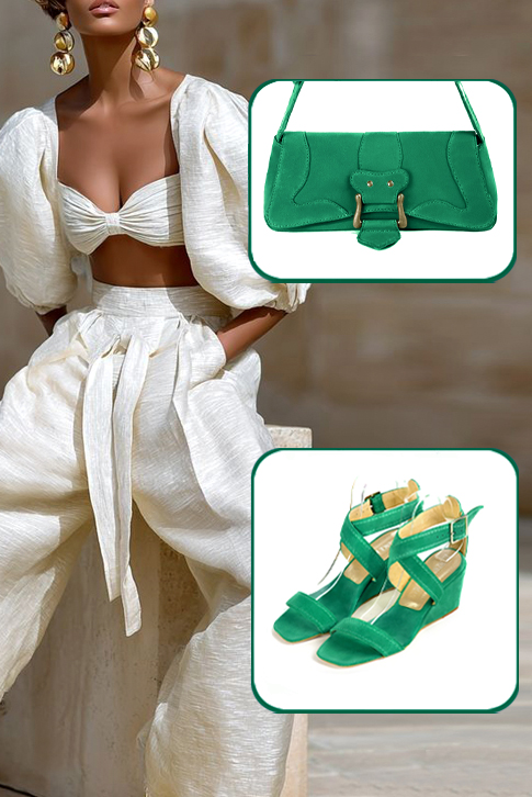 Sandales femme brides croisées complètement ouvertes vert émeraude. Bout carré. Talon compensé de 6 cm - Vue du dessus