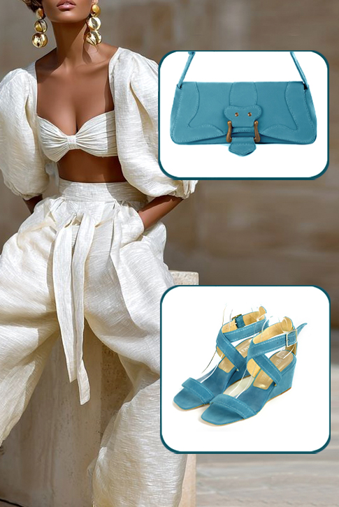 Sandales habillées femme brides croisées cuir bleu canard à talon compensé de 6 cm et bout carré - Vue du dessus
