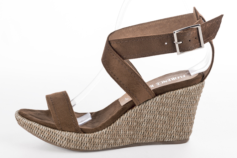Sandale femme : Sandale soirées et cérémonies couleur marron caramel. Bout rond. Semelle compensée talon haut. Vue de profil - Florence KOOIJMAN