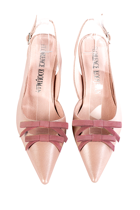Chaussure femme à brides :  couleur rose poudré. Bout pointu. Talon haut fin. Vue du dessus - Florence KOOIJMAN