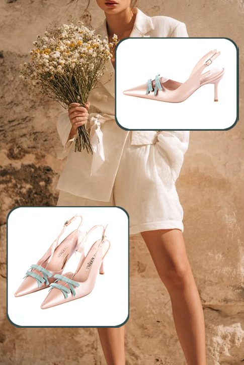 Escarpins bride arrière avec un noeud rose poudré et bleu lagon. Bout pointu. Talon fin de 8 cm - Vue du dessus