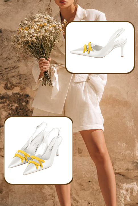 Escarpins bride arrière avec un noeud blanc pur et jaune. Bout pointu. Talon fin de 8 cm - Vue du dessus