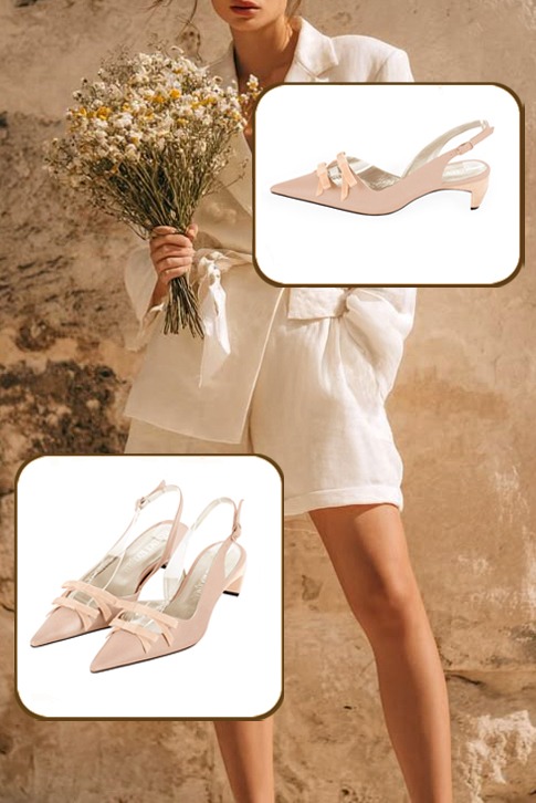Escarpins nœud habillés bride arrière cuir rose poudré à talon virgule de 4 cm et bout pointu - Vue porté