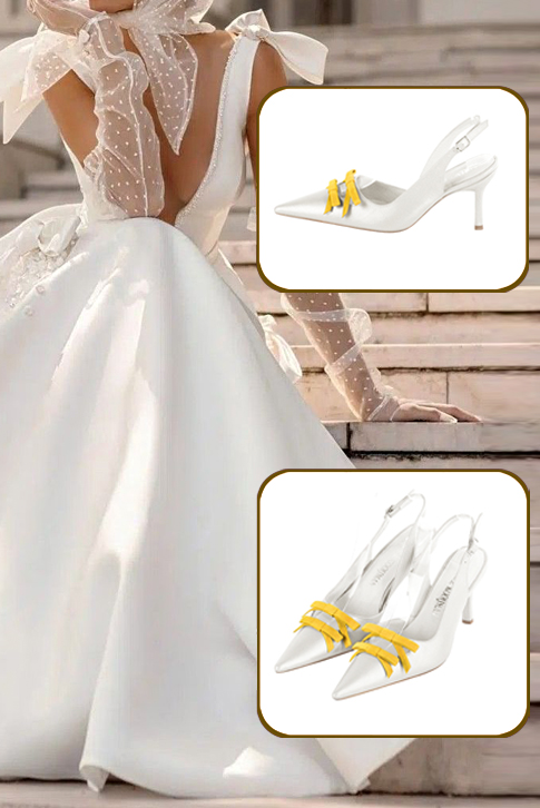 Escarpins bride arrière avec un noeud blanc pur et jaune. Bout pointu. Talon fin de 8 cm - Vue porté