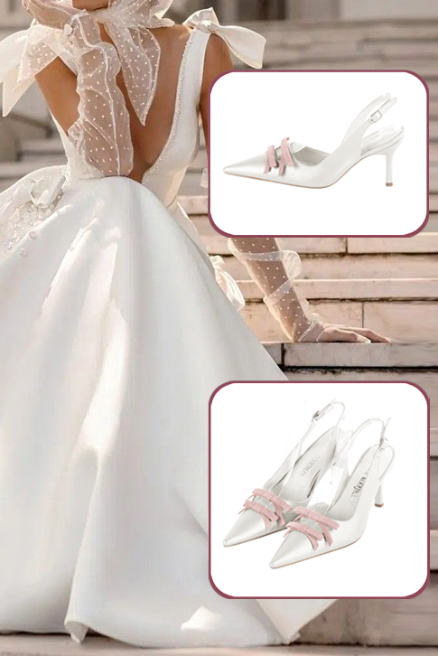 Escarpins bride arrière avec un noeud blanc pur et rose poudré. Bout pointu. Talon fin de 8 cm - Vue du dessus