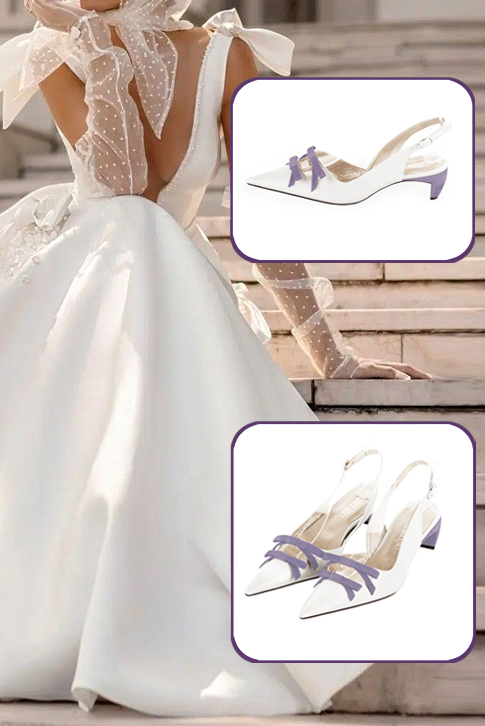 Escarpins bride arrière avec un noeud blanc pur et violet parme. Bout pointu. Talon virgule de 4 cm - Vue du dessus
