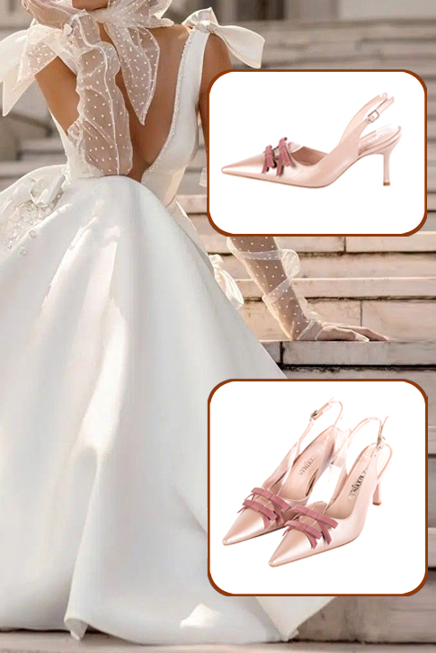 Escarpins bride arrière avec un noeud rose poudré et vieux rose. Bout pointu. Talon fin de 8 cm - Vue porté