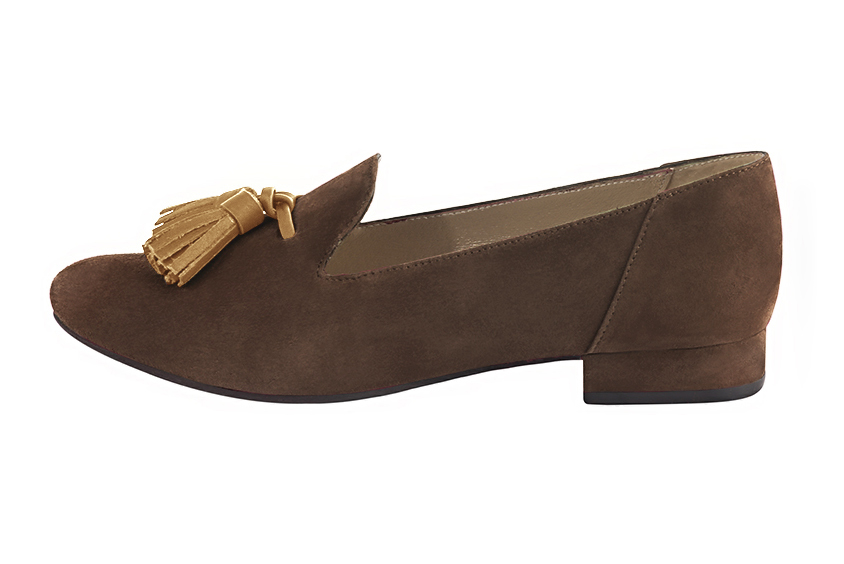 Mocassin femme : Mocassin avec des pompons couleur marron chocolat et beige camel. Bout rond. Semelle cuir talon plat. Vue de profil - Florence KOOIJMAN