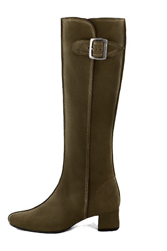 Botte femme : Bottes femme avec des boucles sur mesures couleur vert kaki.. Vue de profil - Florence KOOIJMAN