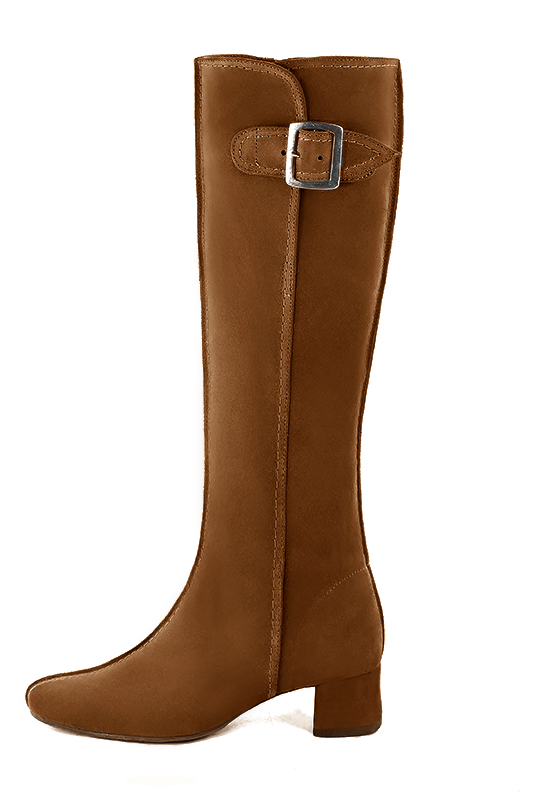 Botte femme : Bottes femme avec des boucles sur mesures couleur marron caramel. Bout rond. Petit talon évasé. Vue de profil - Florence KOOIJMAN