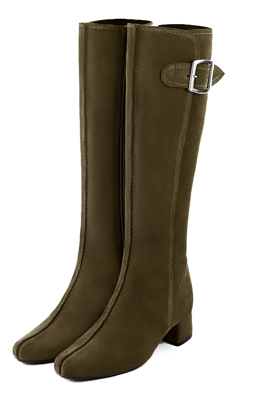 Botte femme : Bottes femme avec des boucles sur mesures couleur vert kaki.. Vue avant - Florence KOOIJMAN