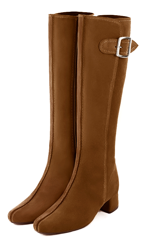 Botte femme : Bottes femme avec des boucles sur mesures couleur marron caramel. Bout rond. Petit talon évasé. Vue avant - Florence KOOIJMAN