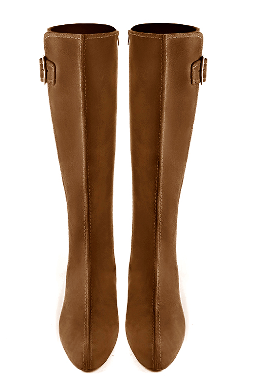 Botte femme : Bottes femme avec des boucles sur mesures couleur marron caramel. Bout rond. Petit talon évasé. Vue du dessus - Florence KOOIJMAN