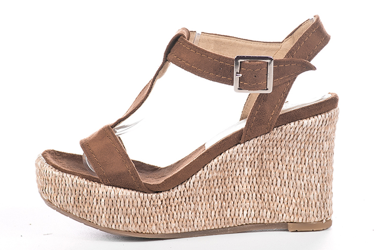 Sandale femme : Sandale soirées et cérémonies couleur marron caramel. Bout carré. Semelle compensée talon haut. Vue de profil - Florence KOOIJMAN
