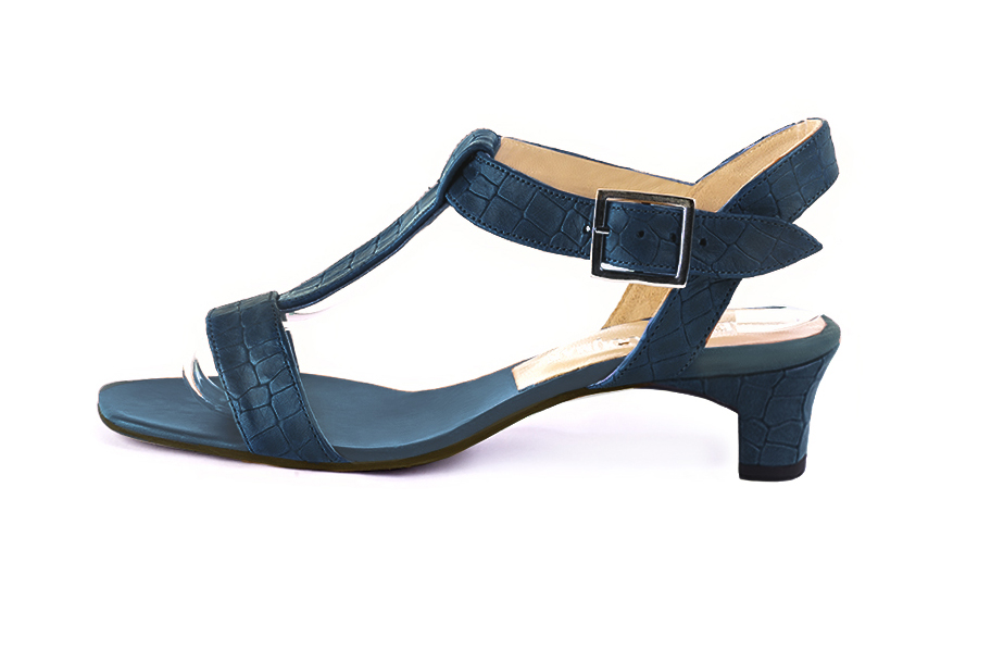 Sandales femme bride cou-de-pied complètement ouvertes bleu denim. Bout carré. Talon trotteur de 4.5 cm - Vue de profil