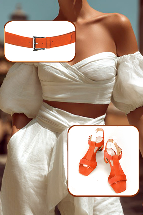 Ensemble orange clémentine, sandales bride cou-de-pied femme et ceinture sur mesure. - Vue ensemble