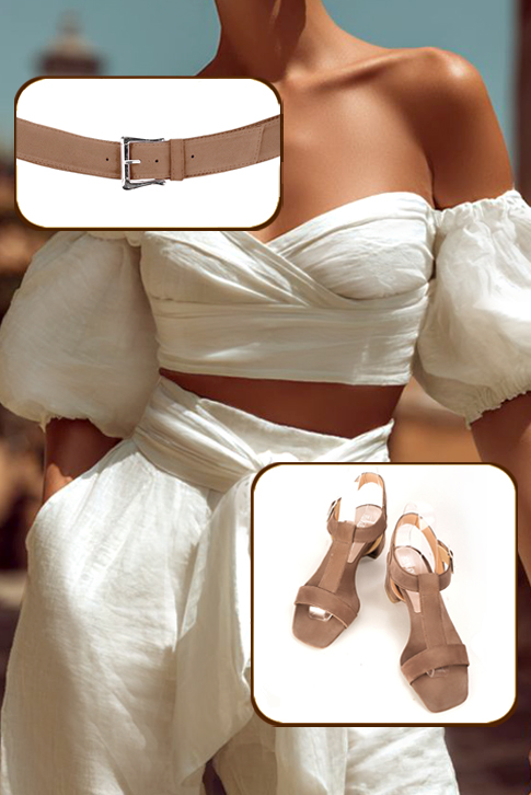 Sandales femme bride cou-de-pied complètement ouvertes beige biscuit. Bout carré. Talon évasé de 4.5 cm - Vue porté