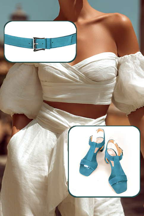 Sandales femme bride cou-de-pied complètement ouvertes bleu canard. Bout carré. Talon évasé de 4.5 cm - Vue du dessus