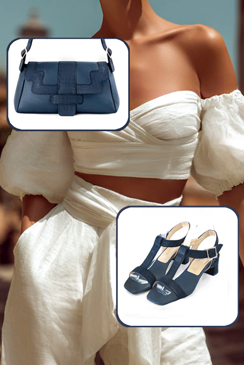 Sandales femme bride cou-de-pied complètement ouvertes bleu denim. Bout carré. Talon trotteur de 4.5 cm - Vue porté