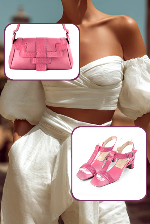 Sandales femme bride cou-de-pied complètement ouvertes rose camélia. Bout carré. Talon trotteur de 4.5 cm - Vue porté