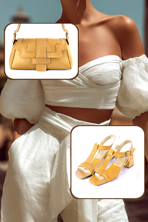 Sandales femme bride cou-de-pied complètement ouvertes jaune ocre. Bout carré. Talon évasé de 4.5 cm - Vue porté
