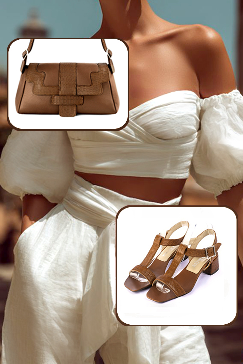 Sandales femme bride cou-de-pied complètement ouvertes marron caramel. Bout carré. Talon évasé de 4.5 cm - Vue porté
