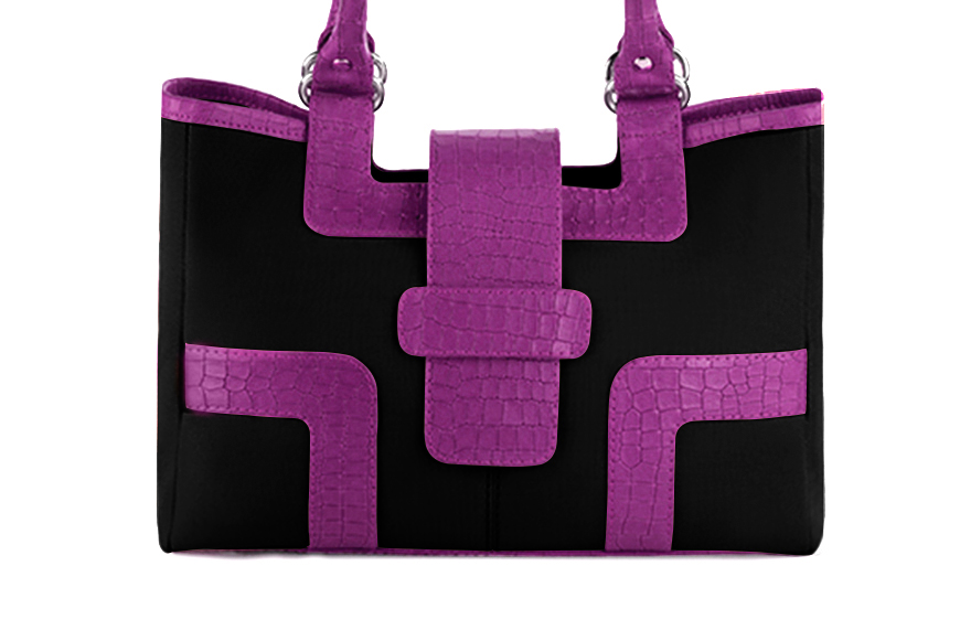 Sac cabas habillé femme en cuir noir mat et violet mauve - Vue de profil