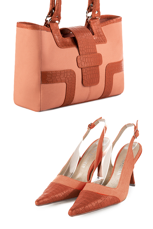 Sac cabas habillé femme en cuir pêche et orange corail - Vue du dessus