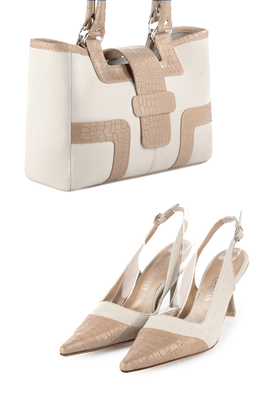 Sac cabas habillé femme en cuir blanc cassé et beige sahara - Vue du dessus