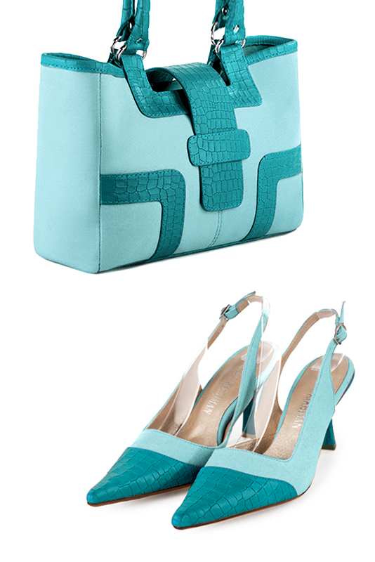 Sac cabas habillé femme en cuir bleu lagon et bleu turquoise - Vue du dessus