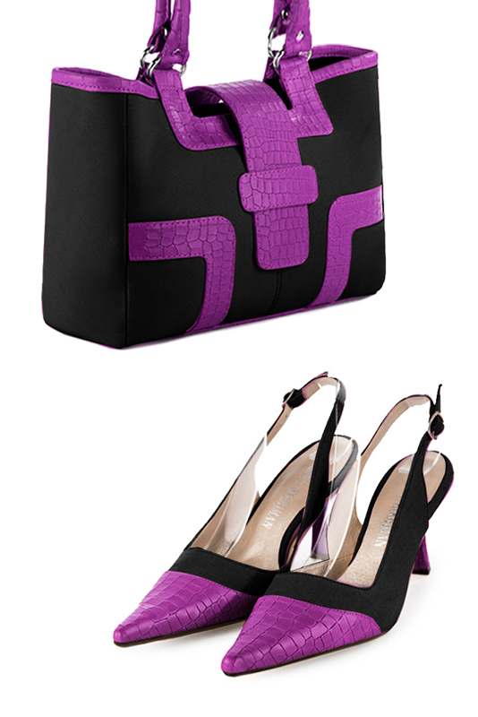 Sac cabas habillé femme en cuir noir mat et violet mauve - Vue du dessus