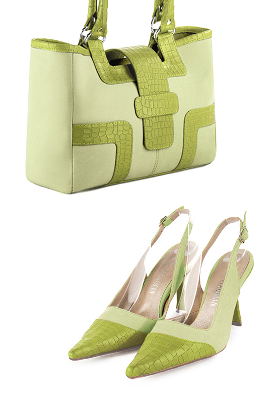 Sac cabas habillé femme en cuir vert tilleul et vert pistache - Vue du dessus