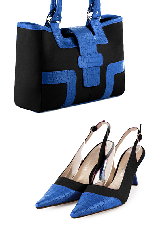 Sac cabas habillé femme en cuir noir mat et bleu électrique - Vue du dessus