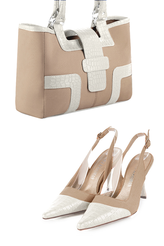 Sac cabas habillé femme en cuir beige sahara et blanc cassé - Vue du dessus