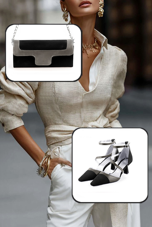 Escarpins habillés brides croisées côtés ouverts en cuir noir mat et marron taupe à talon bobine de 5.5 cm et bout effilé - Vue du dessus