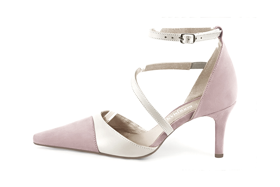 Chaussures brides croisées femme rose poudré et blanc pur. Bout effilé. Talon fin de 7.5 cm - Vue de profil