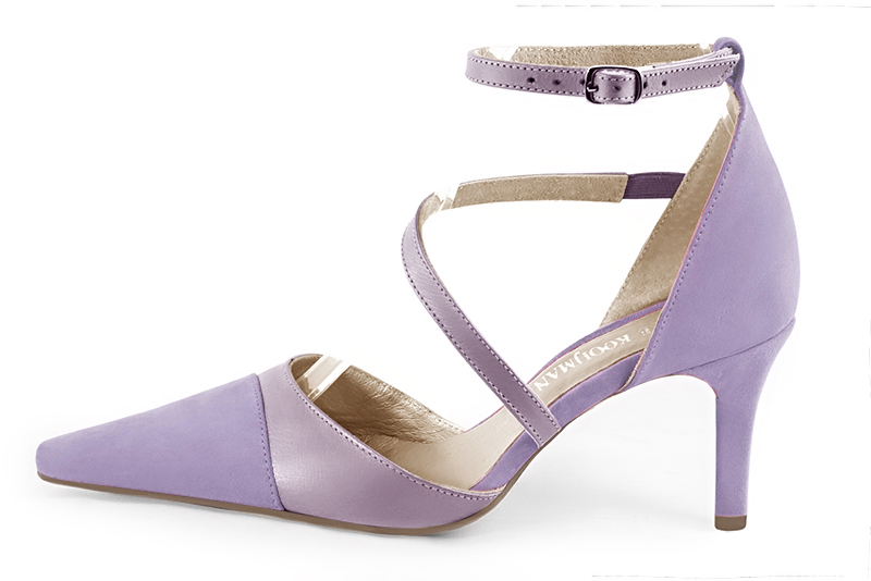 Chaussure femme à brides : Chaussure côtés ouverts bride serpent couleur violet parme. Bout effilé. Talon haut fin. Vue de profil - Florence KOOIJMAN