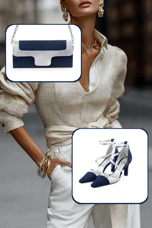 Escarpins habillés brides croisées côtés ouverts en cuir bleu marine et argent à talon fin de 7.5 cm et bout effilé - Vue du dessus